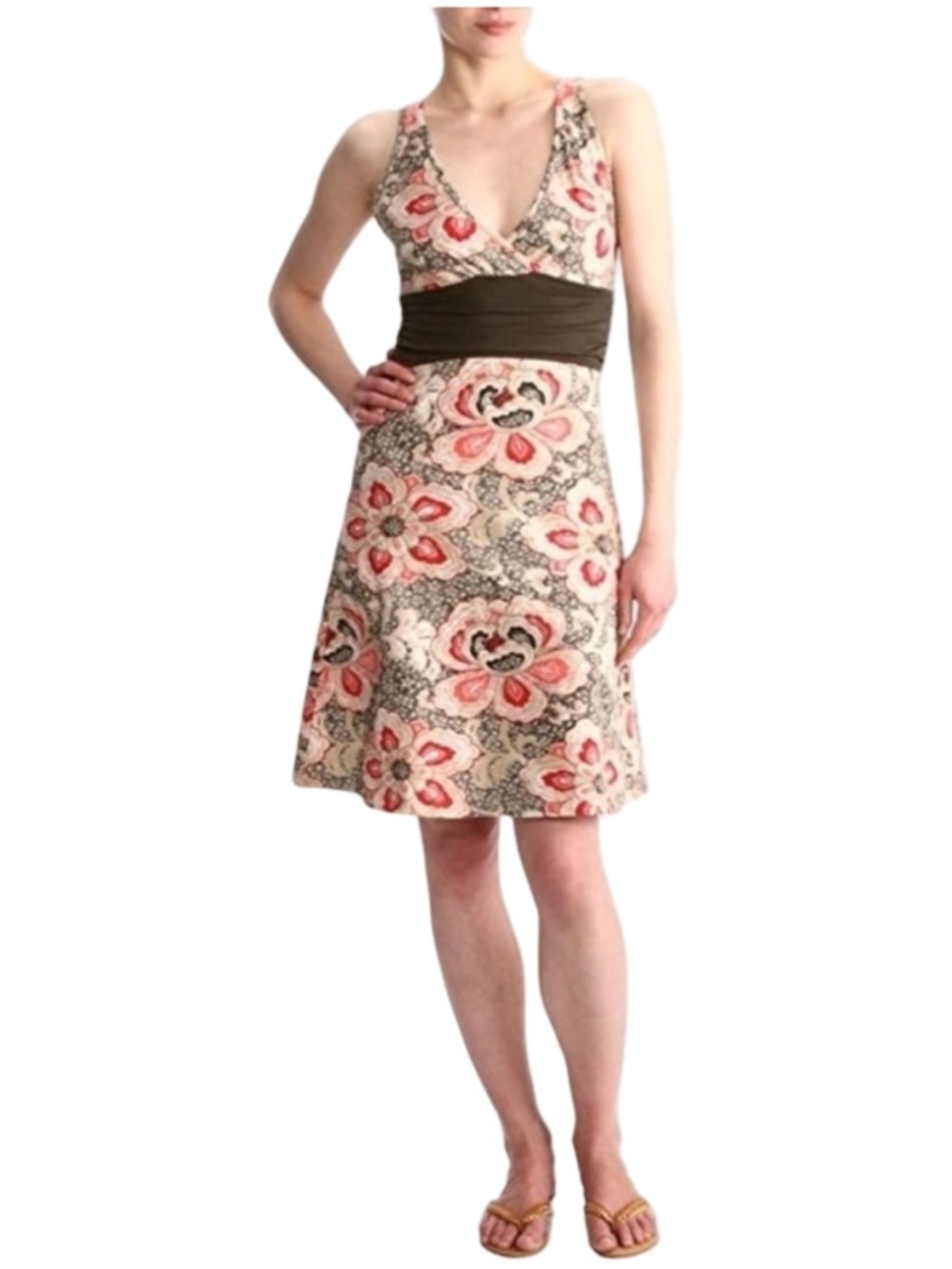 Patagonia Cream Floral V-Neck Dress with Olive Waist